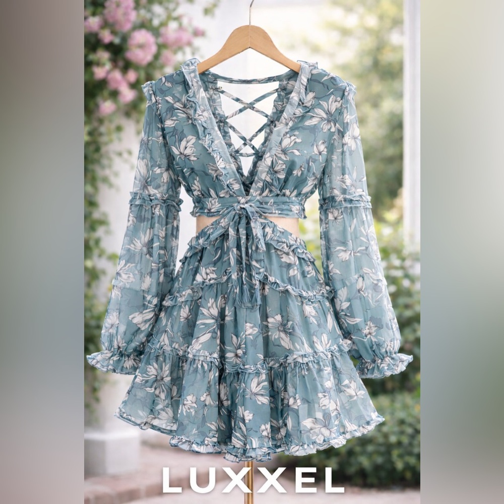 Luxxel Blue Floral Chiffon Two-Piece Illusion Dress Lace-Up Back,Ruffle Size L - Picture 1 of 11